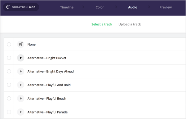 Select an audio track to add to your Biteable video.