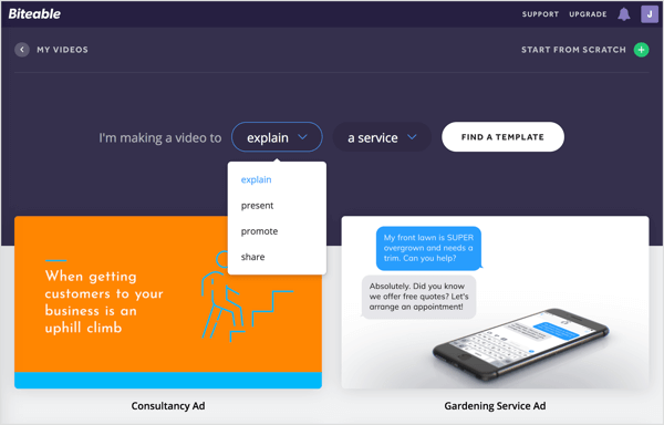 Select what type of video you're creating in Biteable and specify for what purpose
