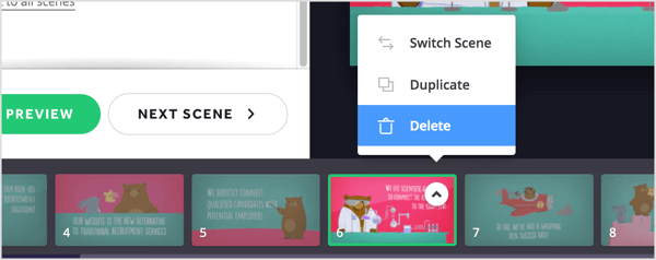 Click the arrow button for the scene you want to remove and choose Delete from the pop-up menu.