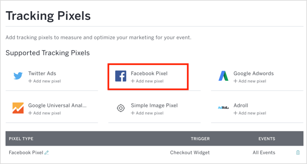 In Eventbrite, click Facebook Pixel and enter your pixel ID and other details.
