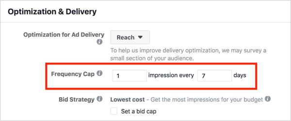 Use the Frequency Cap feature in your Facebook retargeting campaign to ensure people see each Facebook ad no more than once per week.