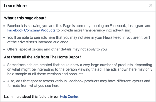 The Facebook ad transparency tools lets any user see all of the ads currently being run by any given page.