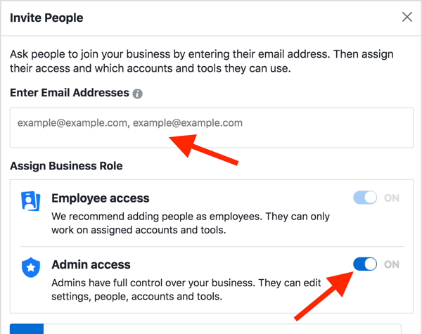 In the Invite People pop-up box, select Admin Access and enter your email address in the text box. 