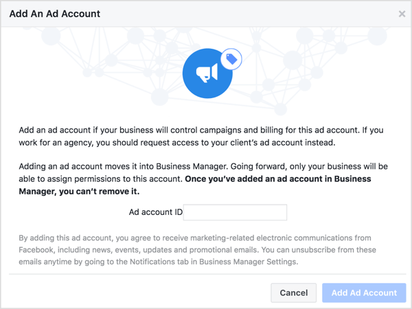 Share account access to an existing personal ad account by transferring it into your client's Business Manager.