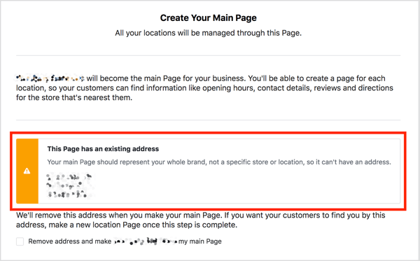 If your main Facebook page has an address, you see a warning message if you try to add locations.