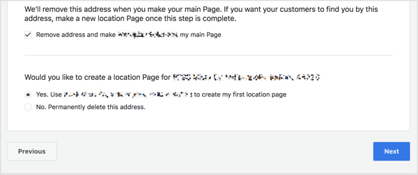 If your main page has an address, you can add this address to create a Facebook location page.