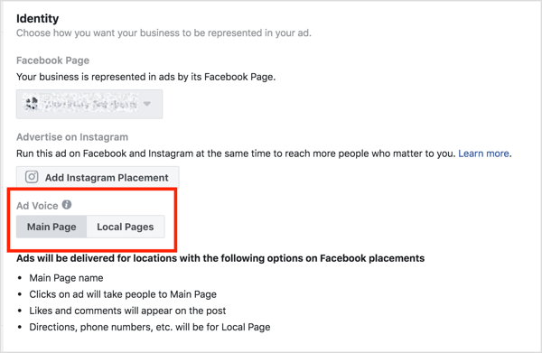 Choose whether the ad voice comes from your main page or location page.