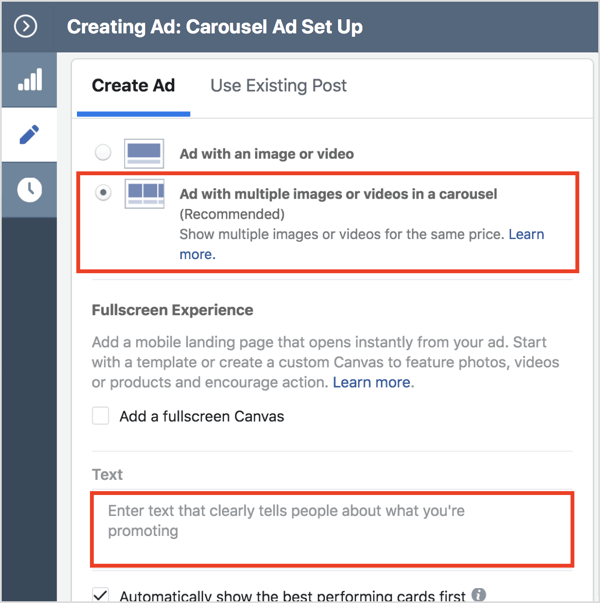 Scroll down to the Create Ad section and select Ad With Multiple Images or Videos in a Carousel.