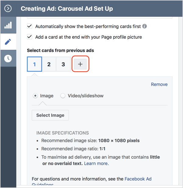 Click the + icon to add a card to your Facebook carousel ad.