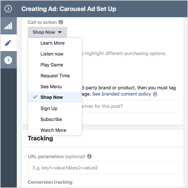 Select the Shop Now CTA for your carousel ad.