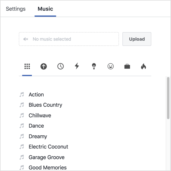 Click the Music tab and either upload your own audio or select a track from Facebook's library.