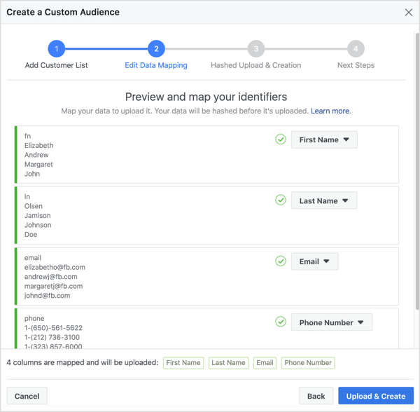 There are four mapped data fields: First Name, Last Name, Email, and Phone Number.