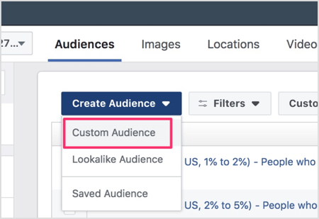 When the Audiences dashboard opens, click Create Audience and then select Custom Audience from the drop-down menu.