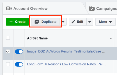 Select the checkbox next to your ad set and click Duplicate.