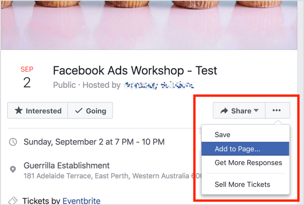 Go to the Facebook event, click the three dots button, and select Add to Page.