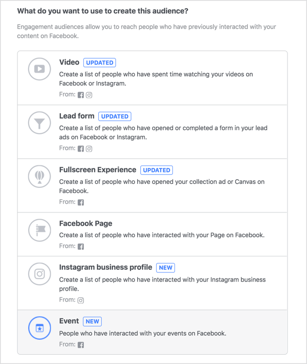 Choose the Event option for your engagement custom audience.