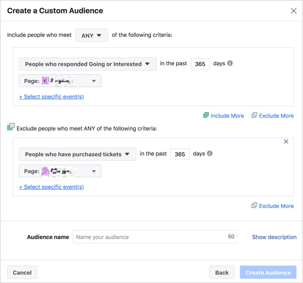 Create your custom audience based on people who responded "Going" or "Interested" but exclude people who have already purchased tickets.