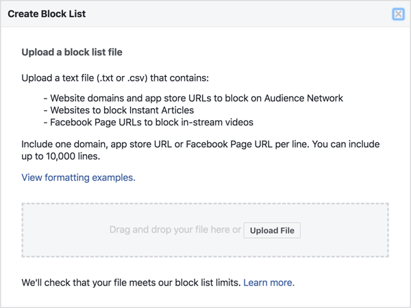 In the Create Block List window, upload your block list as a .txt or .csv file.