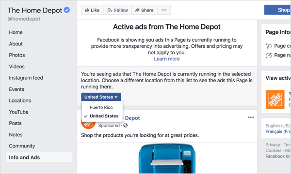 Select a region from the drop-down menu to see all of the ads that Facebook page is currently running, either globally or in a specific country.