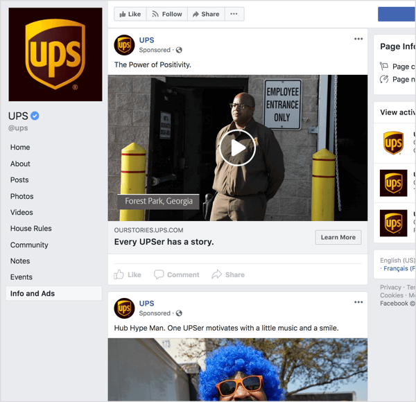 If you look at the Facebook ads from UPS, it's clear they're using storytelling and emotional appeal to build brand awareness.