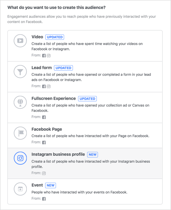 Create a new custom audience based on engagement and select the Instagram Business Profile option.