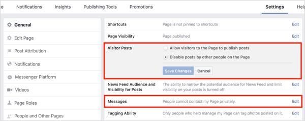 On the General tab of your Facebook page settings, edit the Visitor Posts and Messages settings.