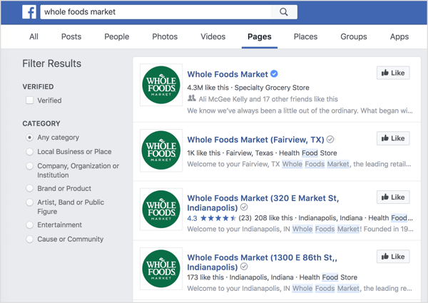 Individual location pages show up in Facebook search.