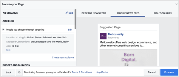 Facebook will auto-populate the audience settings based on your location page. 