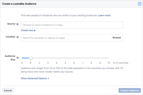 In the Create a Lookalike Audience window, select the custom audience you want to use to create your lookalike audience.