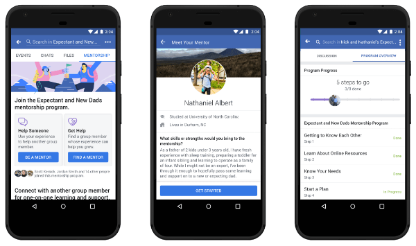 Facebook Mentorship is available to people within select groups focused on parenting, professional and personal development.