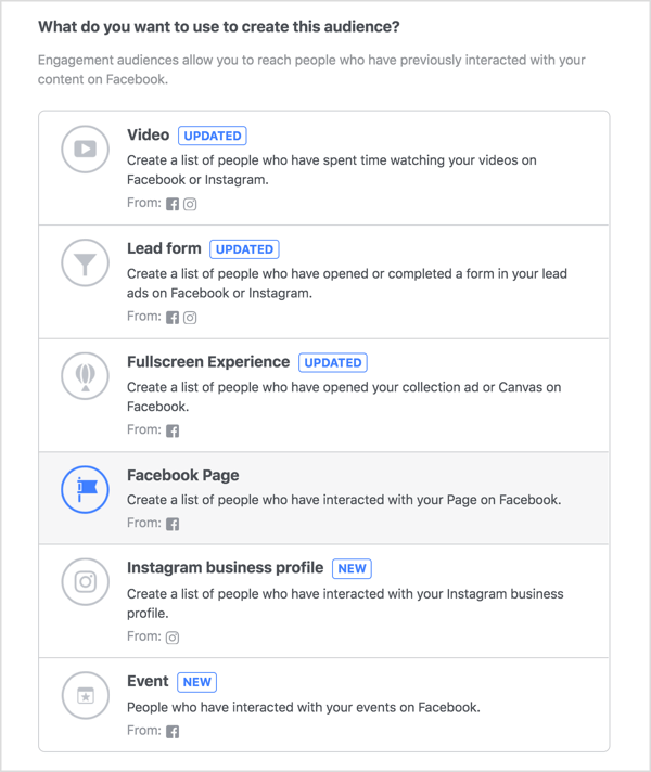 Select Facebook Page for your engagement custom audience.