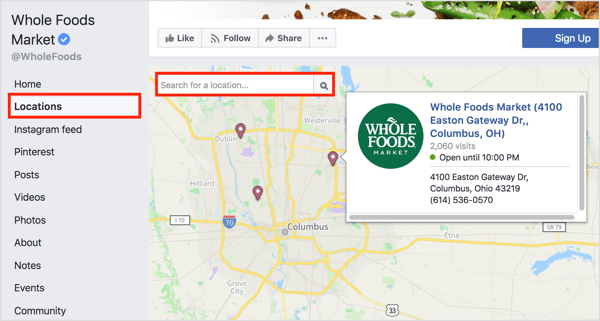 Clicking the Locations tab on a Facebook page reveals individual locations on a map. 