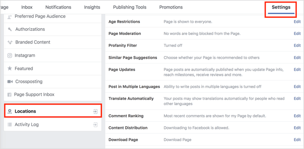 Select Locations in the left sidebar in your Facebook page settings.