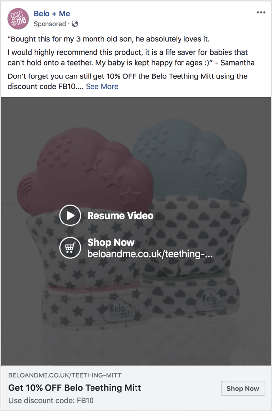 This Facebook ad uses a slideshow video to promote a discount on a specific product.