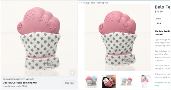 In your Facebook slideshow ad, take some of the product images from the product landing page to reinforce familiarity.