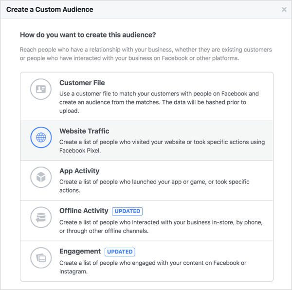 Create a Facebook custom audience based on website traffic