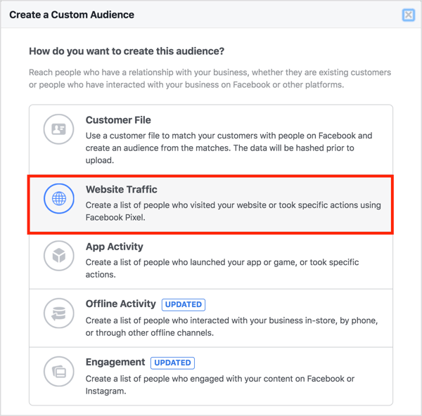 Select Website Traffic to create your Facebook custom audience.
