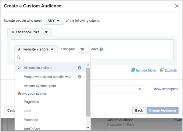 If you click the All Website Visitors drop-down menu, you reveal options to target people who visit specific pages, spend a lot of time on your site, or have met event criteria.