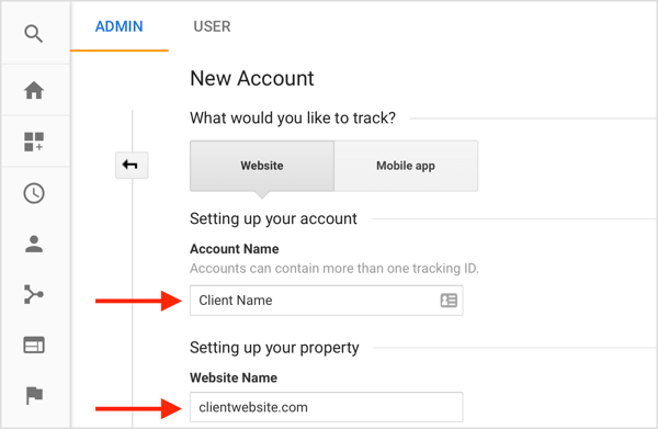 Fill in information to create a new client account from your Google Analytics account.