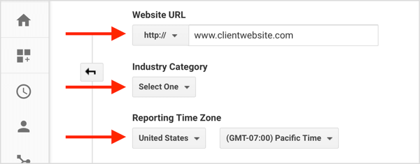 Fill in information to create a new client account from your Google Analytics account.