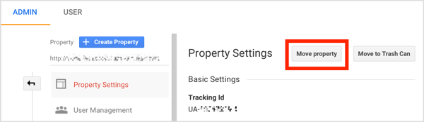 Select the account you want to move, click Property Settings, and then click Move Property.