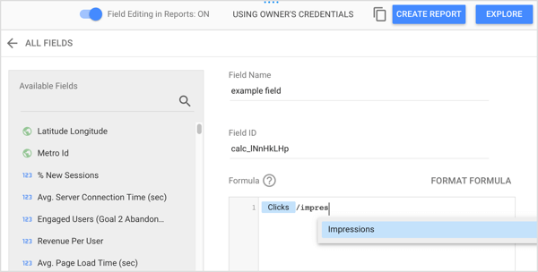 Type in a field name and build your formula in the Formula box.