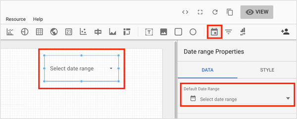 Click the Date Range tool on the toolbar and draw a box in the area of the chart where you want to add the control.