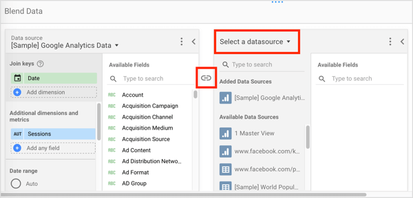 Choose the additional data source and the way in which the data sources are connected.
