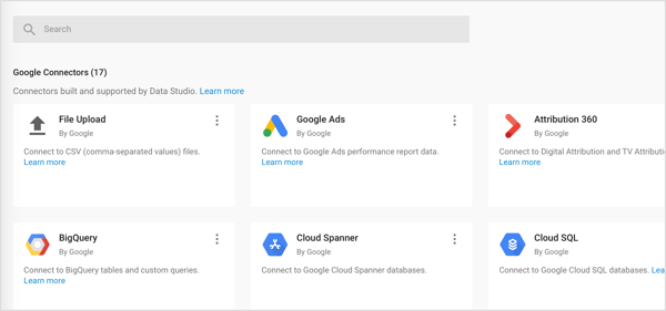 Import three types of connectors into Google Data Studio: Google Connectors, Partner Connectors, and Open Source Connectors.