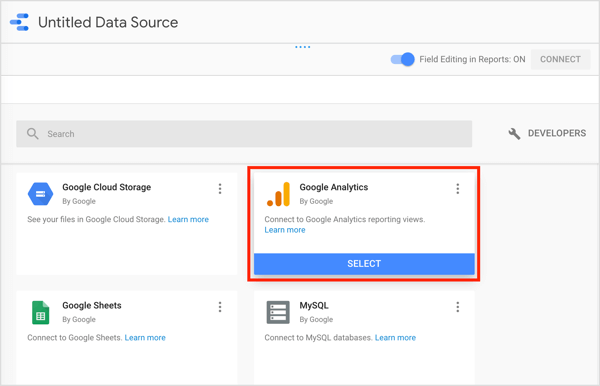 Select the Google Analytics connector in Google Data Studio.