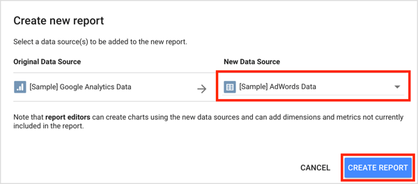 Select your data source from the drop-down menu and click Create Report.