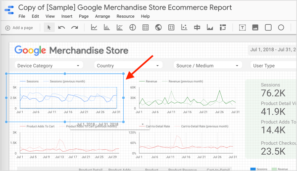 To see the dimension and metric for a component in your report, click to select the component.