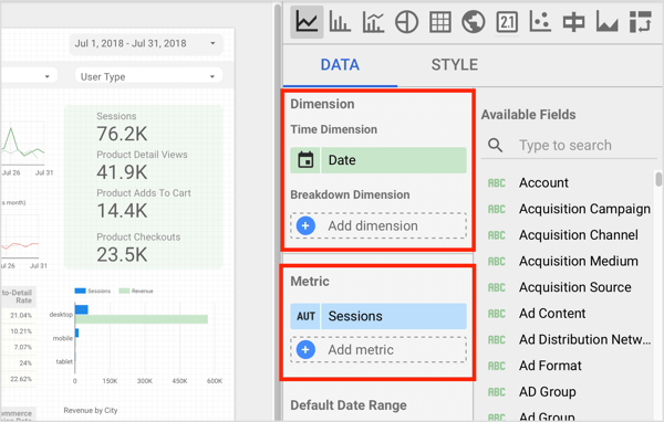  Click the Data tab to see the dimension and metric for the component you've selected.