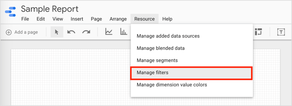 To filter data and create groups you can use, click Resource on the menu bar and select Manage Filters from the drop-down menu.